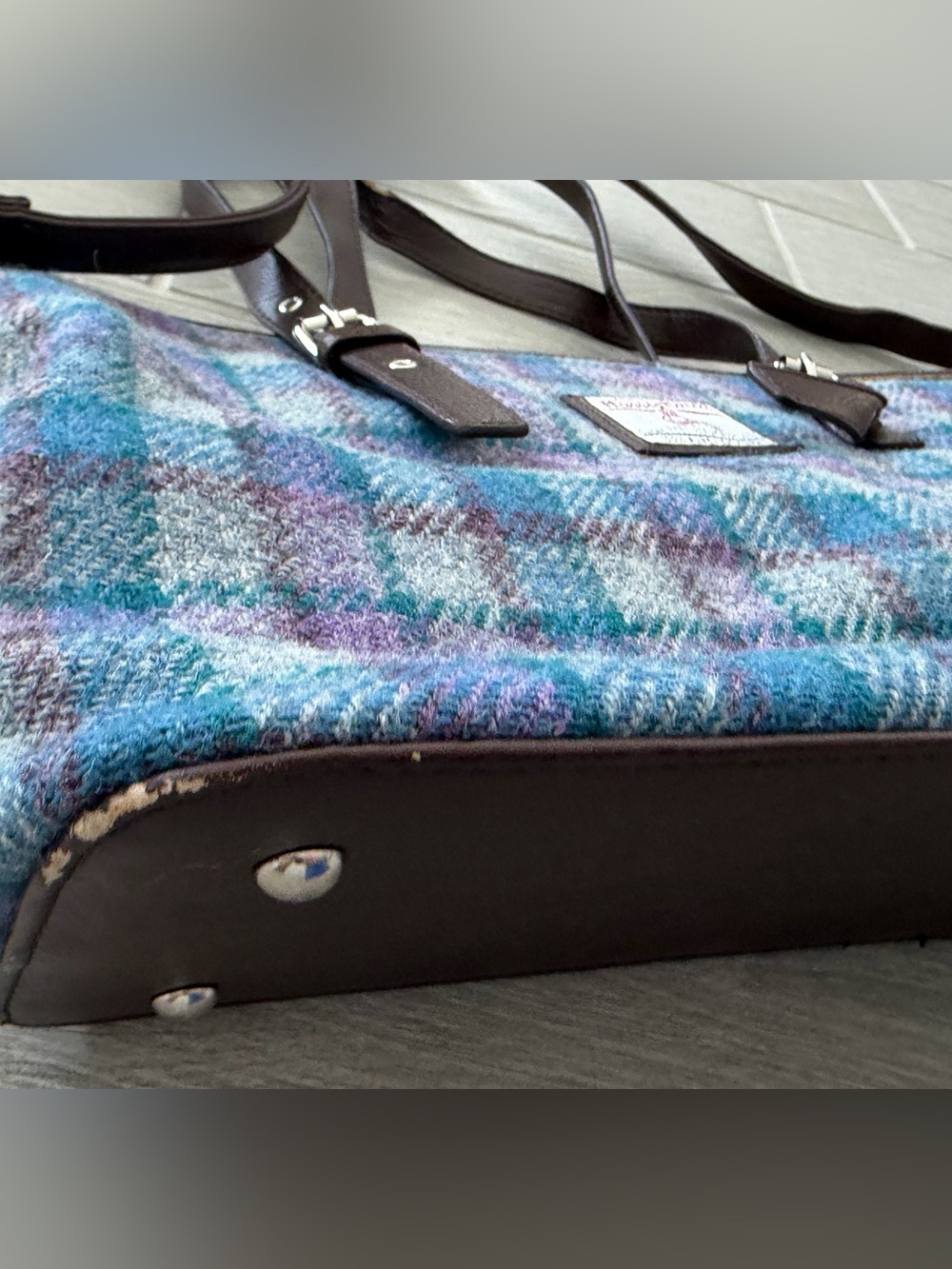 The Glen Appin Harris Tweed Classic Spey Tote Purple Teal Wool Bag GUC - Picture 9 of 14